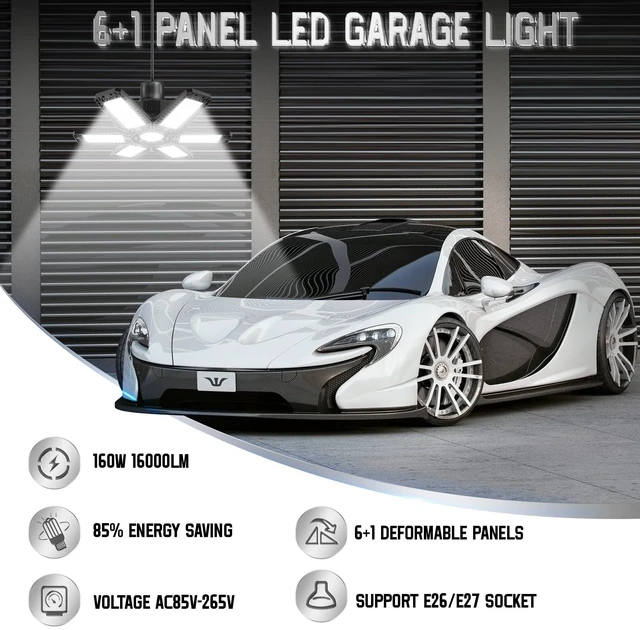 Alt view image 7 of 7 - Garage Lights 8 Pack 160W, 16000LM LED Garage Lights with 6+1 Deformable Panels 6500K Screw in LED Shop Lighting for Workshop, Basement Support E26/E27
