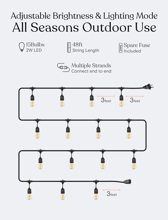 Alt view image 3 of 7 - Ambience Pro - Waterproof LED Outdoor String Lights - 15 Bulbs, Dimmable 2W Vintage Spiral Edison Bulbs - 48 Ft Commercial Grade Patio Lights Cafe Ambience in Your Backyard