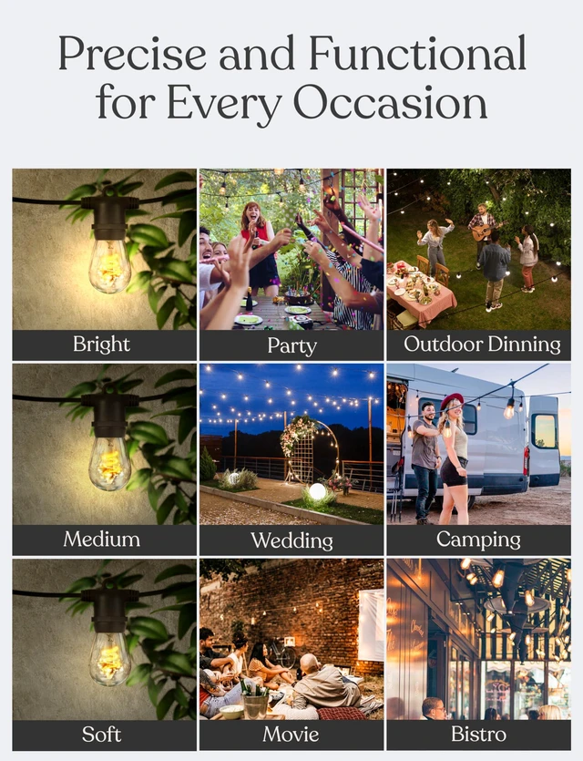 Alt view image 6 of 7 - Ambience Pro - Waterproof LED Outdoor String Lights - 15 Bulbs, Dimmable 2W Vintage Spiral Edison Bulbs - 48 Ft Commercial Grade Patio Lights Cafe Ambience in Your Backyard