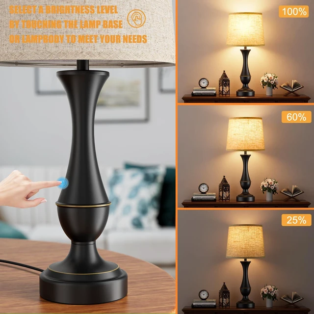 Alt view image 3 of 7 - Touch Lamps for Nightstand, 3 Way Dimmable Lamps for Bedroom with USB C+A Touch Control, USB C+A Charging Ports, Table Lamps for Living Room, Night Stands, Bedside, Bedroom, Bulb Included, Black