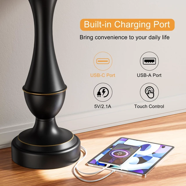Alt view image 5 of 7 - Touch Lamps for Nightstand, 3 Way Dimmable Lamps for Bedroom with USB C+A Touch Control, USB C+A Charging Ports, Table Lamps for Living Room, Night Stands, Bedside, Bedroom, Bulb Included, Black