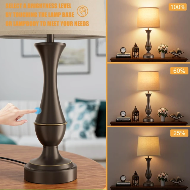 Alt view image 3 of 7 - Touch Lamps for Nightstand, 3 Way Dimmable Lamps for Bedroom with USB C+A Touch Control, USB C+A Charging Ports, Table Lamps for Living Room, Night Stands, Bedside, Bedroom, Bulb Included, Brown