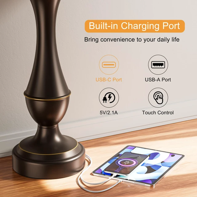 Alt view image 5 of 7 - Touch Lamps for Nightstand, 3 Way Dimmable Lamps for Bedroom with USB C+A Touch Control, USB C+A Charging Ports, Table Lamps for Living Room, Night Stands, Bedside, Bedroom, Bulb Included, Brown
