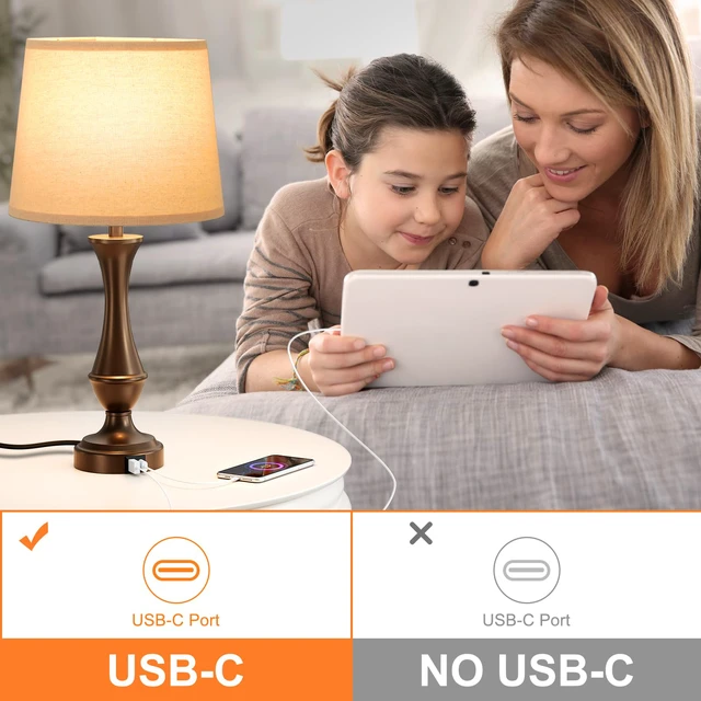 Alt view image 6 of 7 - Touch Lamps for Nightstand, 3 Way Dimmable Lamps for Bedroom with USB C+A Touch Control, USB C+A Charging Ports, Table Lamps for Living Room, Night Stands, Bedside, Bedroom, Bulb Included, Brown