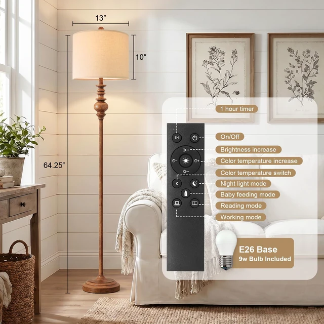 Alt view image 3 of 7 - 64.25" Farmhouse Floor Lamp with Remote, Dimmable Floor Lamp with Adjustable Color Temperatures, Tall Rustic Standing Lamp for Living Room Corner, Bedroom & Nursery, 9W Bulb Included,Brown