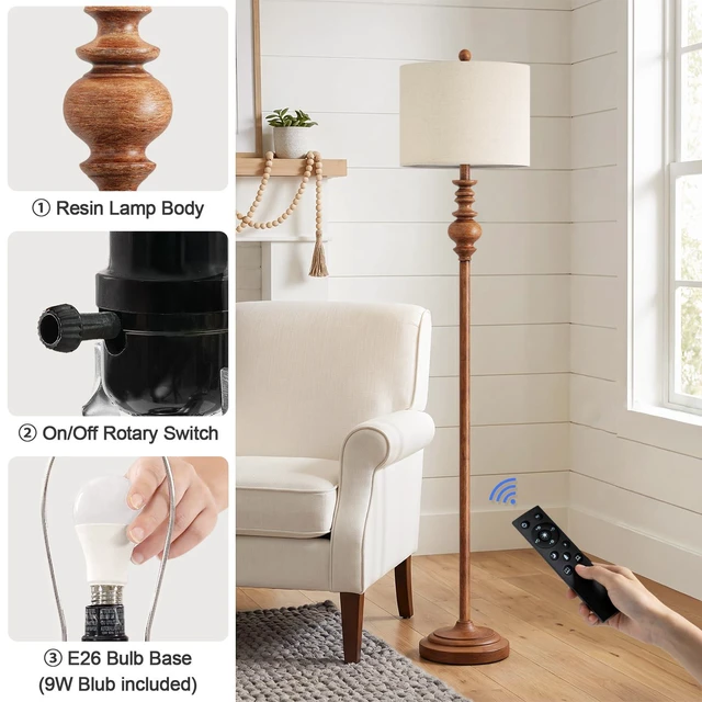 Alt view image 4 of 7 - 64.25" Farmhouse Floor Lamp with Remote, Dimmable Floor Lamp with Adjustable Color Temperatures, Tall Rustic Standing Lamp for Living Room Corner, Bedroom & Nursery, 9W Bulb Included,Brown