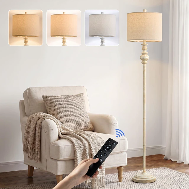 Main image of 64.25" Farmhouse Floor Lamp with Remote, Dimmable Floor Lamp with Adjustable Color Temperatures, Antique White Floor Lamp with Gold Accents for Living Room Corner, Bedroom, 9W Bulb Included