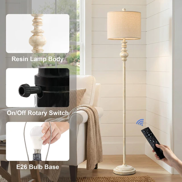 Alt view image 3 of 7 - 64.25" Farmhouse Floor Lamp with Remote, Dimmable Floor Lamp with Adjustable Color Temperatures, Antique White Floor Lamp with Gold Accents for Living Room Corner, Bedroom, 9W Bulb Included