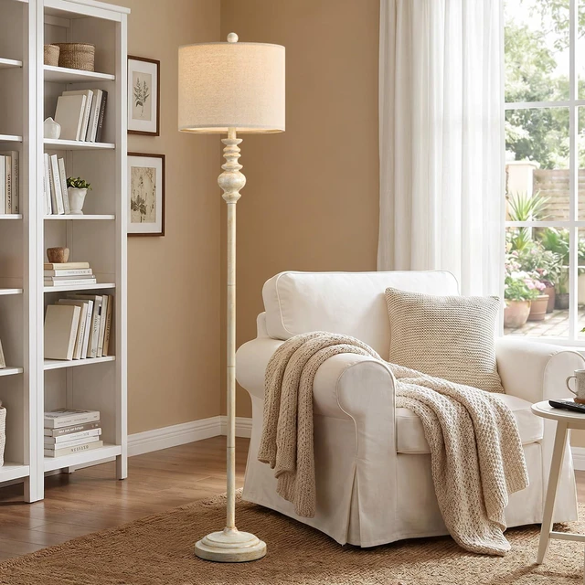 Alt view image 7 of 7 - 64.25" Farmhouse Floor Lamp with Remote, Dimmable Floor Lamp with Adjustable Color Temperatures, Antique White Floor Lamp with Gold Accents for Living Room Corner, Bedroom, 9W Bulb Included