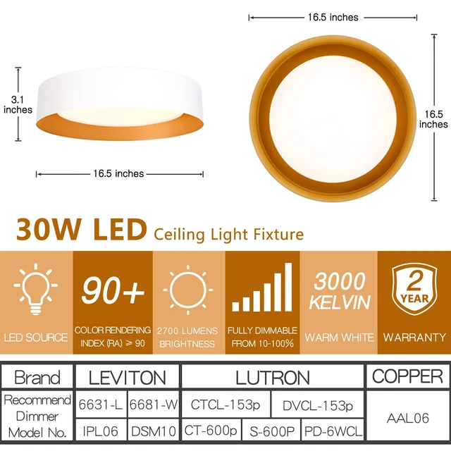 Alt view image 3 of 7 - 16.5" Flush Mount Ceiling Light,White with Gold Interior 30W LED ceiling light with 3000K warm white glow,ideal for hallway,closets,bedroom and entryway