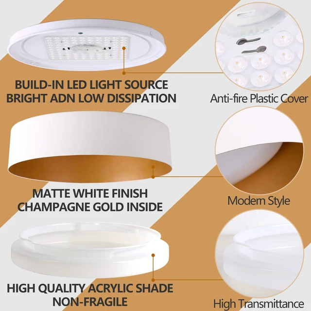 Alt view image 4 of 7 - 16.5" Flush Mount Ceiling Light,White with Gold Interior 30W LED ceiling light with 3000K warm white glow,ideal for hallway,closets,bedroom and entryway