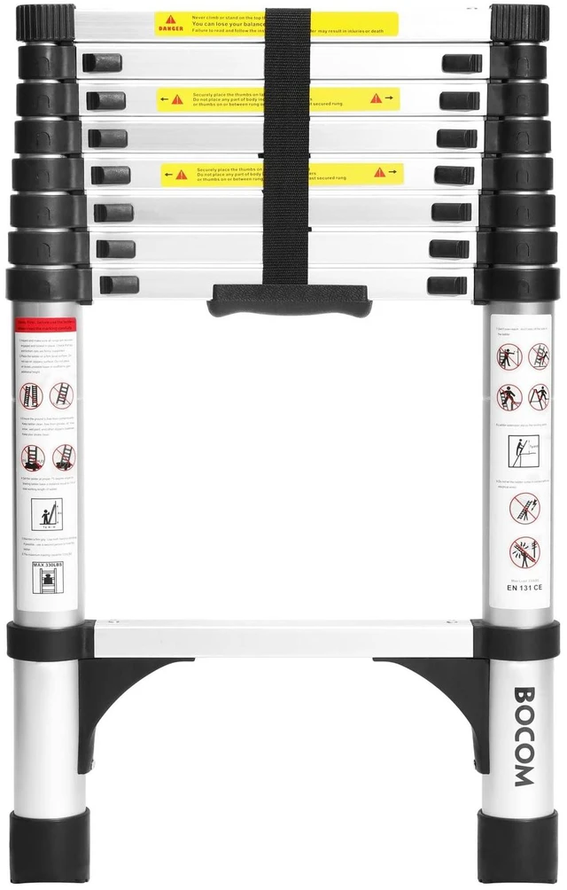 Main image of 8.5 FT Aluminum Telescoping Ladder, Lightweight Multi-Purpose Collapsible Extension with 2 Triangle Stabilizers, Heavy Duty 330 lbs Max Capacity, Ideal for Home, RV, and Outdoor Work Silver