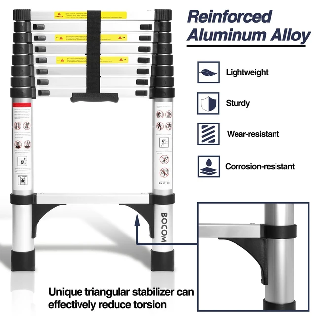 Alt view image 3 of 7 - 8.5 FT Aluminum Telescoping Ladder, Lightweight Multi-Purpose Collapsible Extension with 2 Triangle Stabilizers, Heavy Duty 330 lbs Max Capacity, Ideal for Home, RV, and Outdoor Work Silver