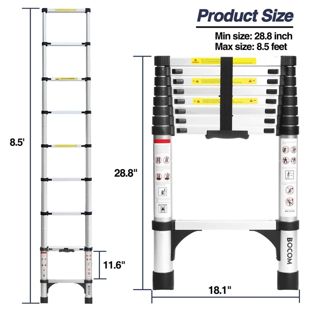 Alt view image 5 of 7 - 8.5 FT Aluminum Telescoping Ladder, Lightweight Multi-Purpose Collapsible Extension with 2 Triangle Stabilizers, Heavy Duty 330 lbs Max Capacity, Ideal for Home, RV, and Outdoor Work Silver