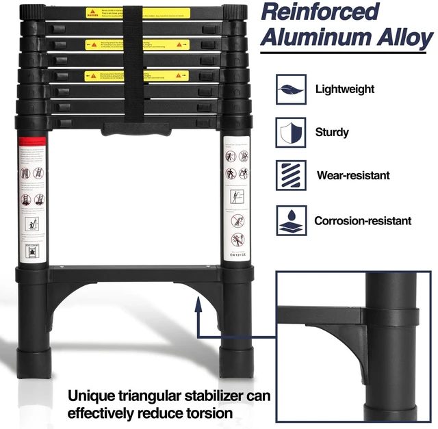 Alt view image 3 of 7 - 8.5 FT Aluminum Telescoping Ladder, Lightweight Multi-Purpose Collapsible Extension with 2 Triangle Stabilizers, Heavy Duty 330 lbs Max Capacity, Ideal for Home, RV, and Outdoor Work Black