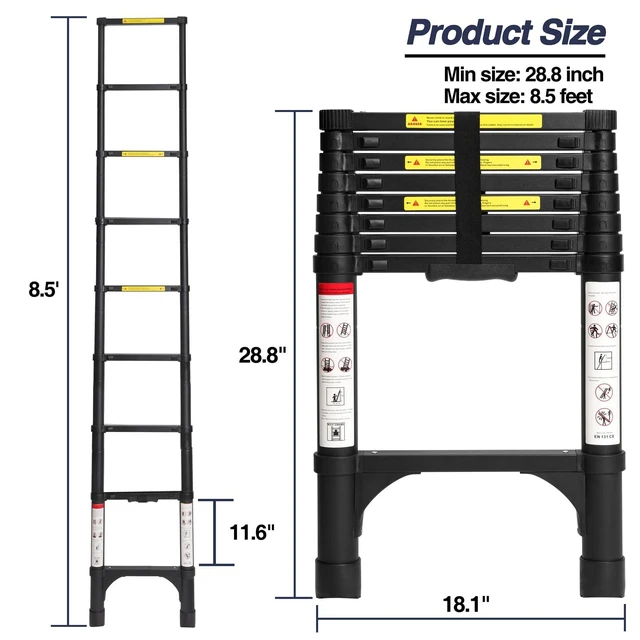 Alt view image 5 of 7 - 8.5 FT Aluminum Telescoping Ladder, Lightweight Multi-Purpose Collapsible Extension with 2 Triangle Stabilizers, Heavy Duty 330 lbs Max Capacity, Ideal for Home, RV, and Outdoor Work Black