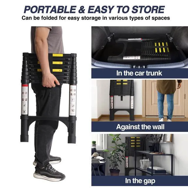 Alt view image 6 of 7 - 8.5 FT Aluminum Telescoping Ladder, Lightweight Multi-Purpose Collapsible Extension with 2 Triangle Stabilizers, Heavy Duty 330 lbs Max Capacity, Ideal for Home, RV, and Outdoor Work Black