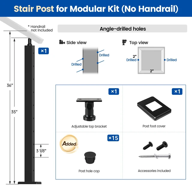 Alt view image 2 of 7 - 36in Black Modular Cable Railing Stair Post Surface Mount RW41 Matches with Modular Stair Kit (No Handrail), Fits 25-35 Degrees, Post Hole Cap Included, Black Cable Railing System