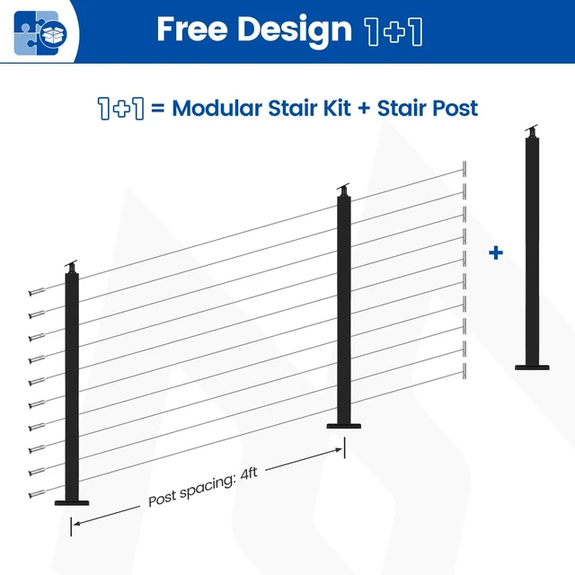 Alt view image 3 of 7 - 36in Black Modular Cable Railing Stair Post Surface Mount RW41 Matches with Modular Stair Kit (No Handrail), Fits 25-35 Degrees, Post Hole Cap Included, Black Cable Railing System