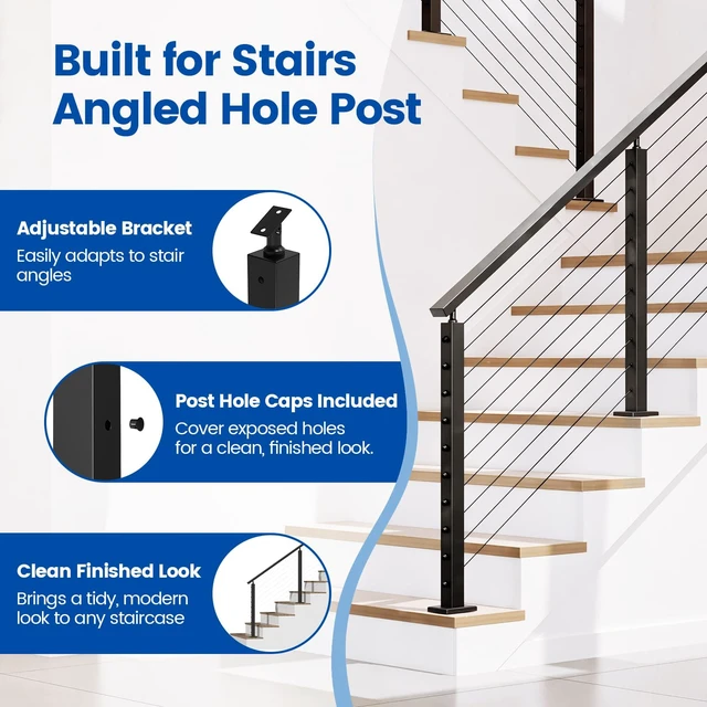 Alt view image 5 of 7 - 36in Black Modular Cable Railing Stair Post Surface Mount RW41 Matches with Modular Stair Kit (No Handrail), Fits 25-35 Degrees, Post Hole Cap Included, Black Cable Railing System