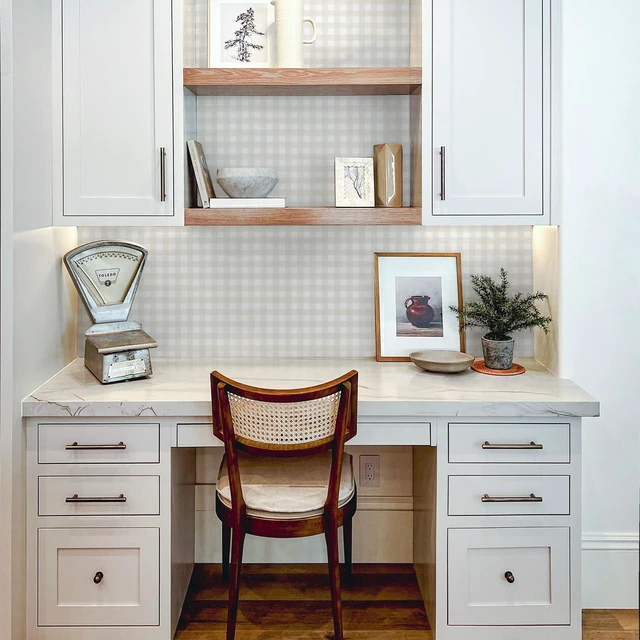 Alt view image 4 of 7 - Plaid Peel and Stick Wallpaper Gingham Checkered 17.3''×591'' Beige Plaid Contact Paper for Cabinets Self Adhesive Removable Waterproof Bathroom Farmhouse Cute Kids Shelf Drawers Decor