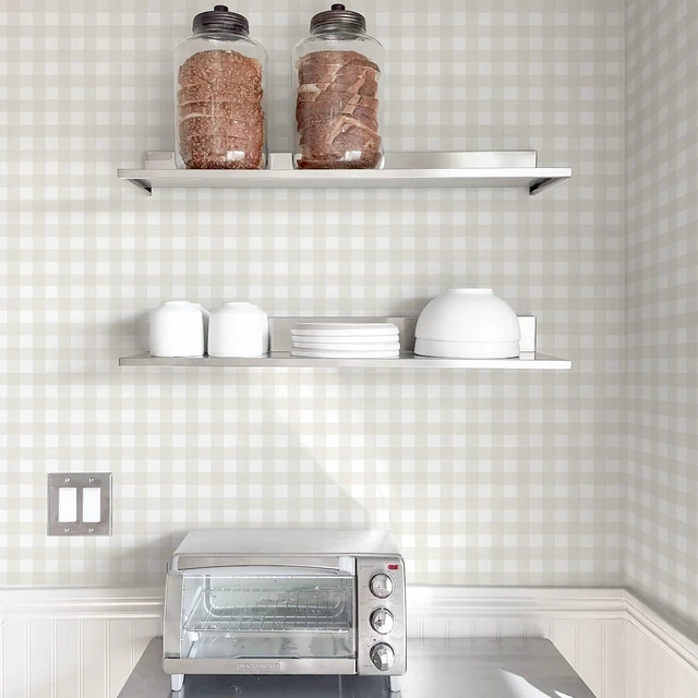 Alt view image 3 of 7 - Plaid Peel and Stick Wallpaper Gingham Checkered 17.3''×591'' Beige Plaid Contact Paper for Cabinets Self Adhesive Removable Waterproof Bathroom Farmhouse Cute Kids Shelf Drawers Decor