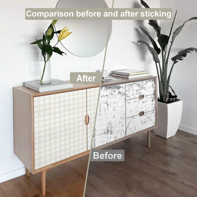 Alt view image 6 of 7 - Plaid Peel and Stick Wallpaper Gingham Checkered 17.3''×591'' Beige Plaid Contact Paper for Cabinets Self Adhesive Removable Waterproof Bathroom Farmhouse Cute Kids Shelf Drawers Decor