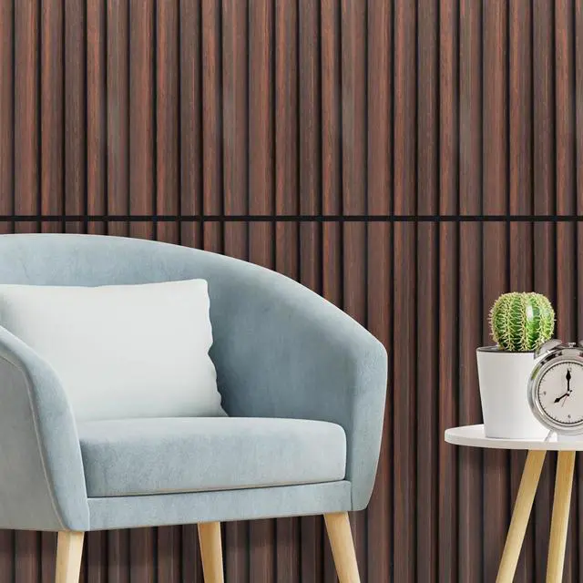 Alt view image 2 of 7 - 48 x 6 in WPC Wood Slat Wall Panels, 3D Wall Accents, 16-Pack, Walnut Real Wood Grain, Durable, Water Resistant, Wear-Resistant, No Emission, Eco-Friendly, Easy to Care, for Living Room, Bedroom