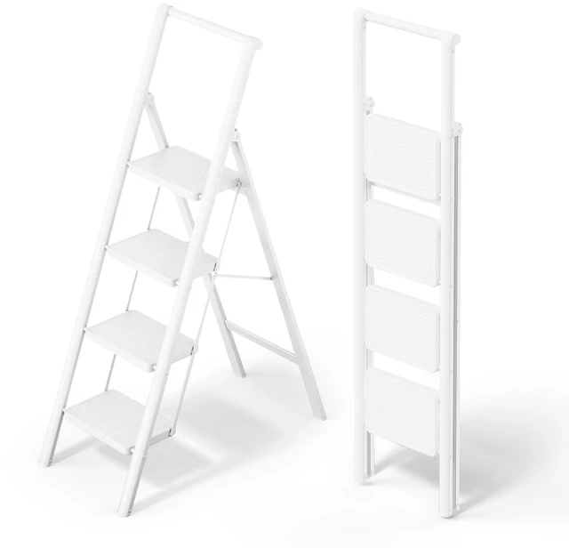 Main image of 4 Step Foldable Step Stool with Handrail, 330lbs Load, White Folded 58'' H x 3'' T; Net 14.8 lbs; Anti-Slip Feet Grip Wood, Tile, Carpet; Wide Pedals; For Shelves, Repairs