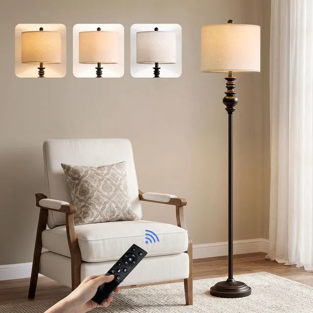Main image of 64.25" Farmhouse Floor Lamp with Remote, Dimmable Black Floor Lamp with Adjustable Color Temperatures, Tall Standing Lamps for Living Room Corner, Bedroom & Office, 9W Bulb Included
