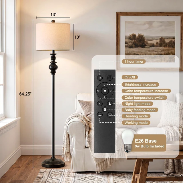 Alt view image 3 of 7 - 64.25" Farmhouse Floor Lamp with Remote, Dimmable Black Floor Lamp with Adjustable Color Temperatures, Tall Standing Lamps for Living Room Corner, Bedroom & Office, 9W Bulb Included