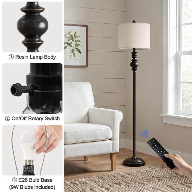 Alt view image 4 of 7 - 64.25" Farmhouse Floor Lamp with Remote, Dimmable Black Floor Lamp with Adjustable Color Temperatures, Tall Standing Lamps for Living Room Corner, Bedroom & Office, 9W Bulb Included