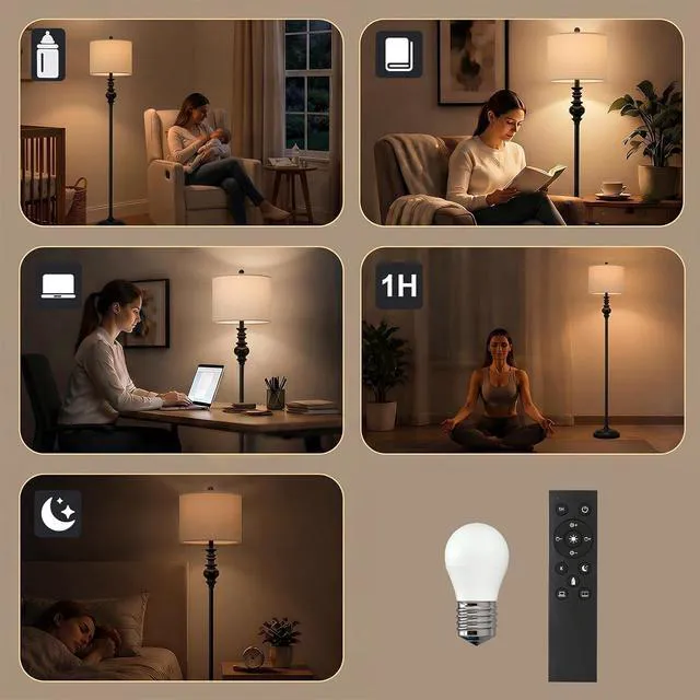 Alt view image 7 of 7 - 64.25" Farmhouse Floor Lamp with Remote, Dimmable Black Floor Lamp with Adjustable Color Temperatures, Tall Standing Lamps for Living Room Corner, Bedroom & Office, 9W Bulb Included