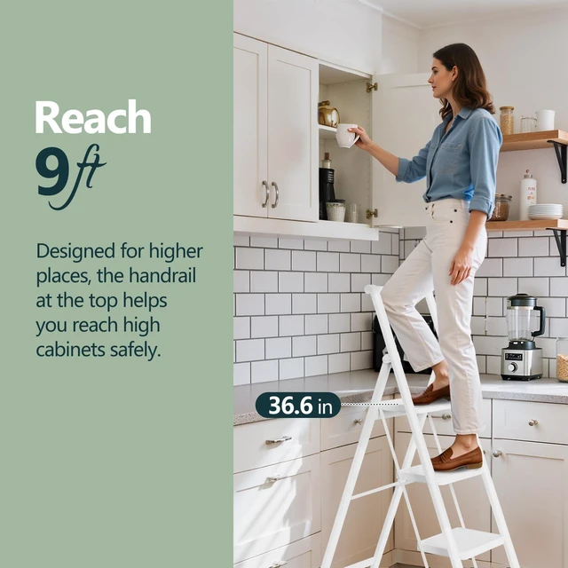 Alt view image 3 of 6 - 4 Step Foldable Step Stool with Handrail, 330lbs Load, White Folded 58'' H x 3'' T; Net 14.8 lbs; Anti-Slip Feet Grip Wood, Tile, Carpet; Wide Pedals; For Shelves, Repairs