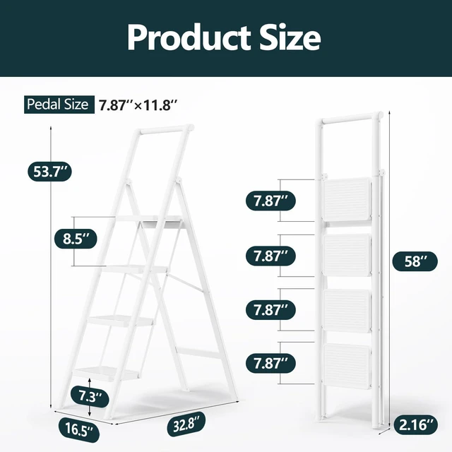 Alt view image 4 of 6 - 4 Step Foldable Step Stool with Handrail, 330lbs Load, White Folded 58'' H x 3'' T; Net 14.8 lbs; Anti-Slip Feet Grip Wood, Tile, Carpet; Wide Pedals; For Shelves, Repairs