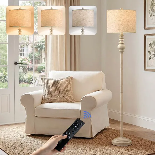 Main image of 64.25" Farmhouse Floor Lamp with Remote, Dimmable Floor Lamp with Adjustable Color Temperatures, Tall White Standing Floor Lamps for Living Room Corner, Bedroom & Nursery, 9W Bulb Included