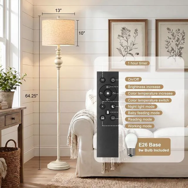 Alt view image 3 of 7 - 64.25" Farmhouse Floor Lamp with Remote, Dimmable Floor Lamp with Adjustable Color Temperatures, Tall White Standing Floor Lamps for Living Room Corner, Bedroom & Nursery, 9W Bulb Included