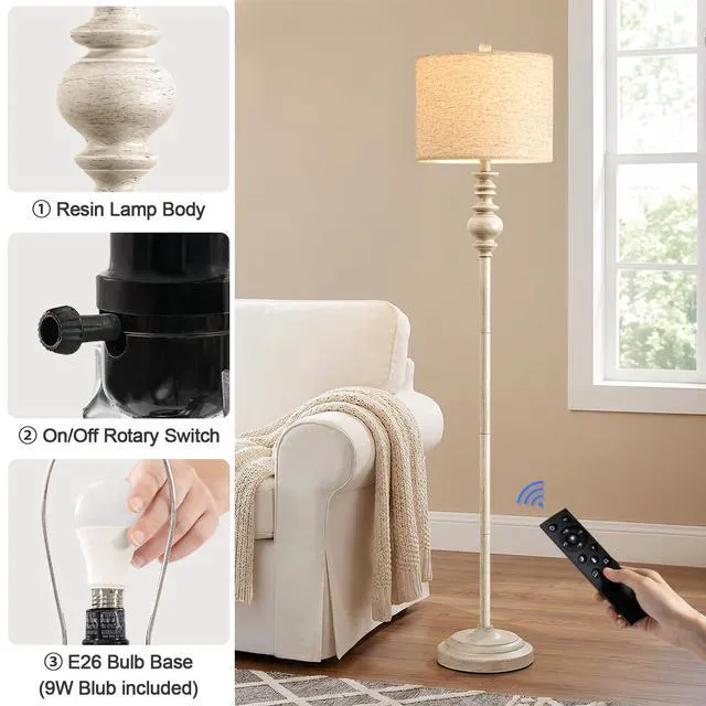 Alt view image 4 of 7 - 64.25" Farmhouse Floor Lamp with Remote, Dimmable Floor Lamp with Adjustable Color Temperatures, Tall White Standing Floor Lamps for Living Room Corner, Bedroom & Nursery, 9W Bulb Included