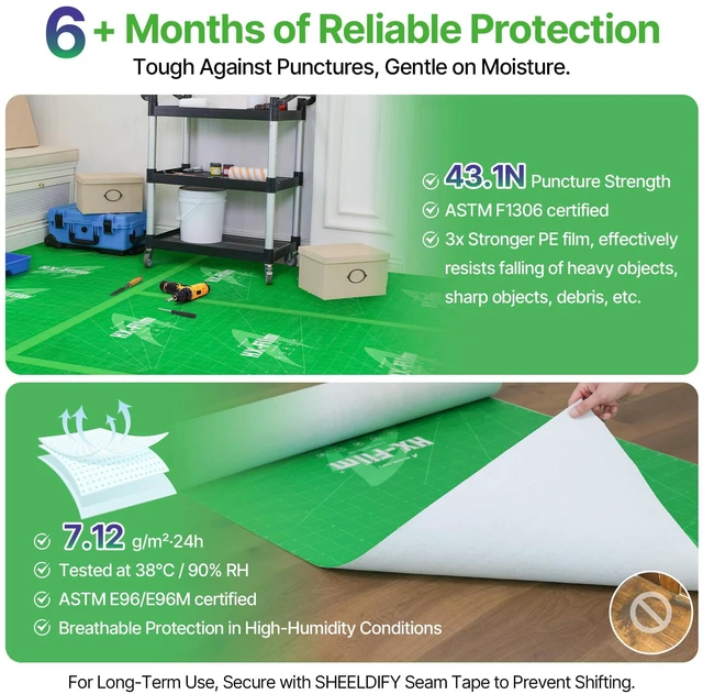 Alt view image 3 of 7 - 39" x200' Heavy-Duty Floor Protection | Construction Grade Carpet Protector | Drop Cloth Plastic Film for Hardwood Floors | Waterproof Painters Covering with No Residue(Mint Green)