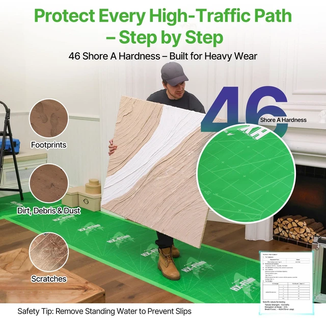 Alt view image 4 of 7 - 39" x200' Heavy-Duty Floor Protection | Construction Grade Carpet Protector | Drop Cloth Plastic Film for Hardwood Floors | Waterproof Painters Covering with No Residue(Mint Green)