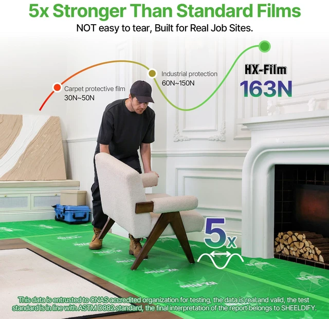 Alt view image 5 of 7 - 39" x200' Heavy-Duty Floor Protection | Construction Grade Carpet Protector | Drop Cloth Plastic Film for Hardwood Floors | Waterproof Painters Covering with No Residue(Mint Green)