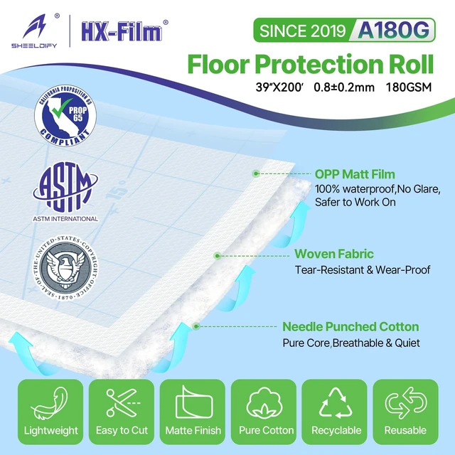 Alt view image 2 of 7 - 39" x200' Heavy-Duty Floor Protection | Construction Grade Carpet Protector | Drop Cloth Plastic Film for Hardwood Floors | Waterproof Painters Covering with No Residue(Ice Blue)