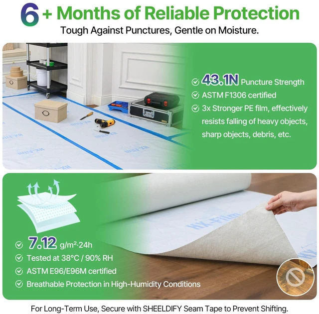 Alt view image 3 of 7 - 39" x200' Heavy-Duty Floor Protection | Construction Grade Carpet Protector | Drop Cloth Plastic Film for Hardwood Floors | Waterproof Painters Covering with No Residue(Ice Blue)