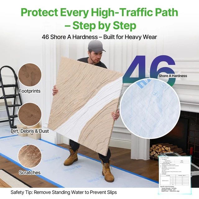 Alt view image 4 of 7 - 39" x200' Heavy-Duty Floor Protection | Construction Grade Carpet Protector | Drop Cloth Plastic Film for Hardwood Floors | Waterproof Painters Covering with No Residue(Ice Blue)