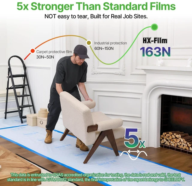 Alt view image 5 of 7 - 39" x200' Heavy-Duty Floor Protection | Construction Grade Carpet Protector | Drop Cloth Plastic Film for Hardwood Floors | Waterproof Painters Covering with No Residue(Ice Blue)