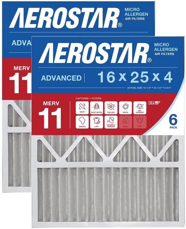 Main image of 16x25x4 MERV 11-6 Count - Pleated HVAC, Furnace & Air Conditioner Filters - Removes Dust, Cold & Flu Germs, Lint, Mold, Pet Dander, Allergy-Causing Pollen, Smog & Smoke