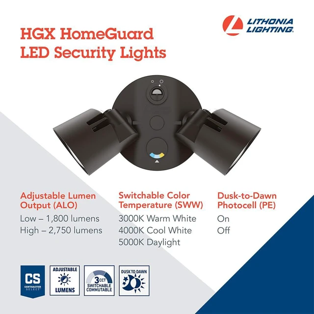 Alt view image 3 of 7 - HomeGuard 2-Light LED Outdoor Flood Lights, 3-In-1 CCT Dark Bronze Dusk to Dawn Outdoor LED Lights, Adjustable Lumens Selectable CCT Round Heads HGX LED 2RH ALO SWW2 120 PE DDB