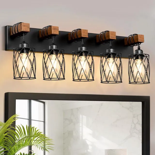 Main image of Farmhouse Bathroom Vanity Light, 5-Light Wood Bathroom Light Fixtures Over Mirror, Black Industrial Vanity Lights with Metal Shade, Rustic Restroom Lighting Fixtures