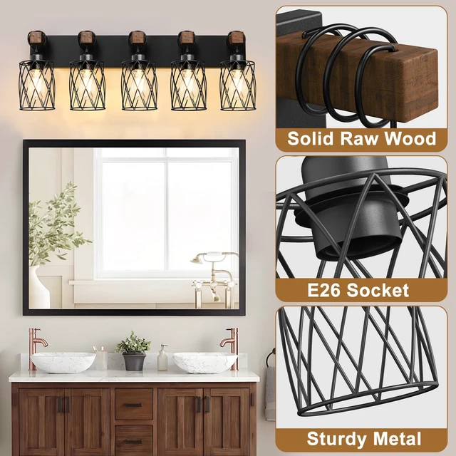 Alt view image 2 of 7 - Farmhouse Bathroom Vanity Light, 5-Light Wood Bathroom Light Fixtures Over Mirror, Black Industrial Vanity Lights with Metal Shade, Rustic Restroom Lighting Fixtures