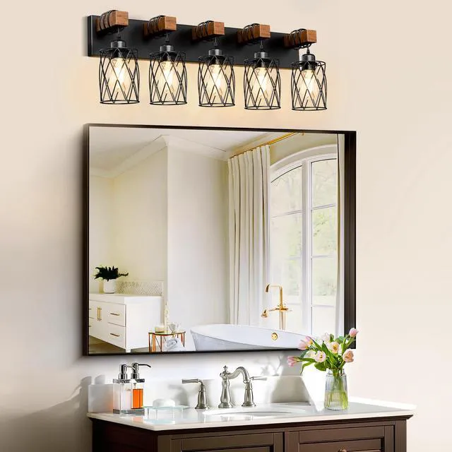 Alt view image 3 of 7 - Farmhouse Bathroom Vanity Light, 5-Light Wood Bathroom Light Fixtures Over Mirror, Black Industrial Vanity Lights with Metal Shade, Rustic Restroom Lighting Fixtures
